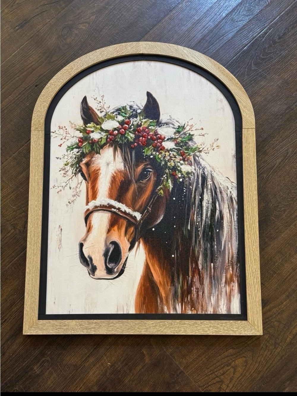 Festive Horse Wall Art Print - Brown Holiday Horse with Berry Wreath Christmas